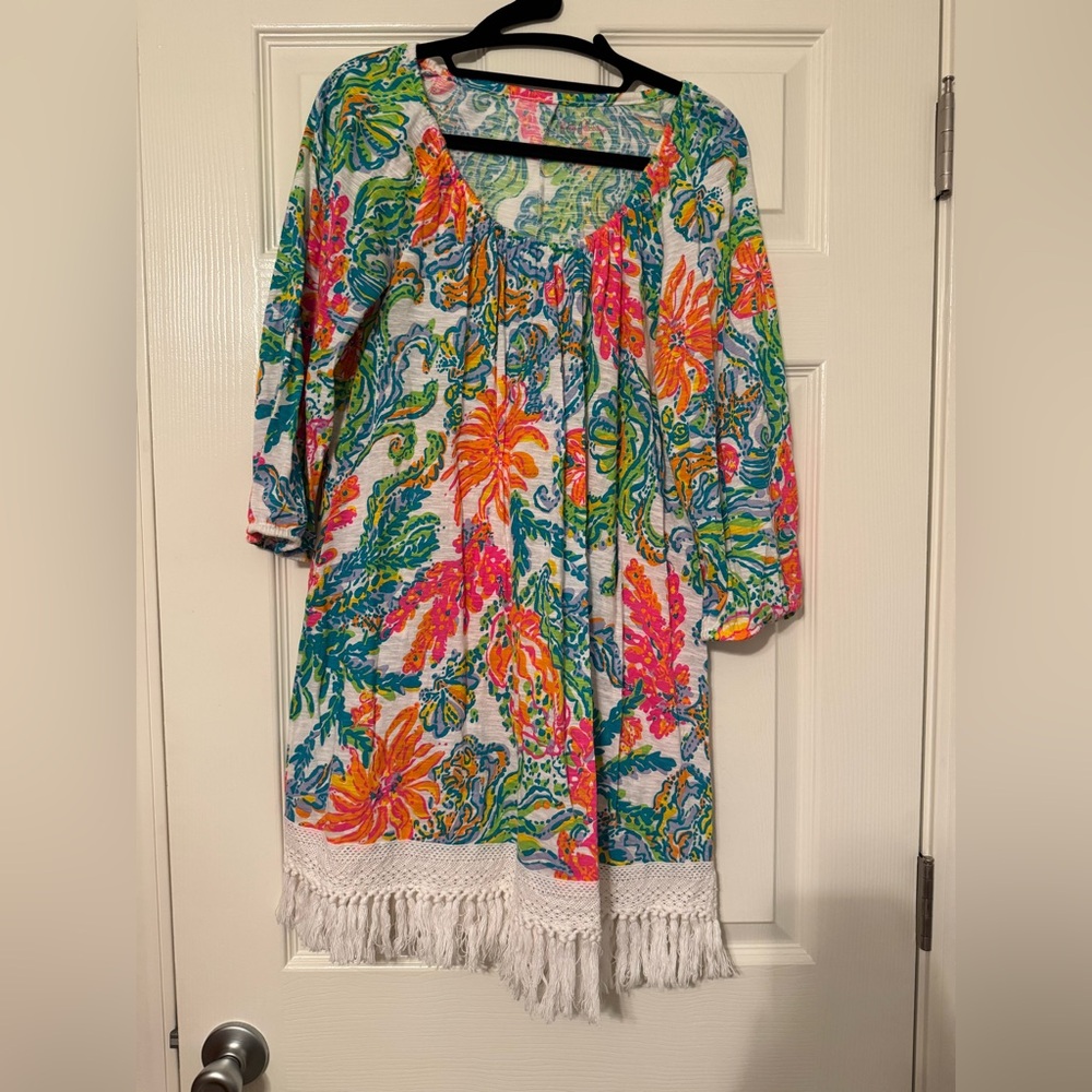 Orange and Pink Scoop Neck Sundress with 3/4 Sleeves